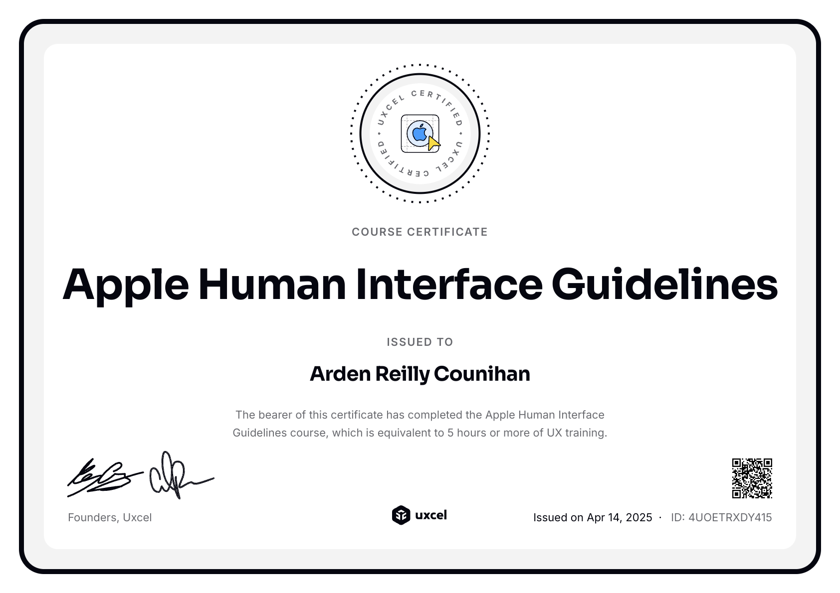 Arden Reilly Counihan's certificate